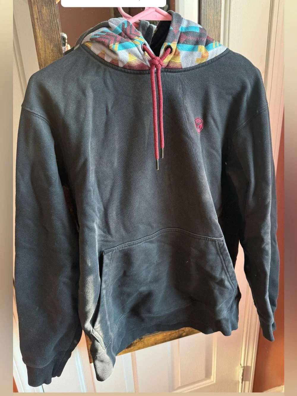 Hooey Black Pullover Hoodie with Multicolor Patterned Hood